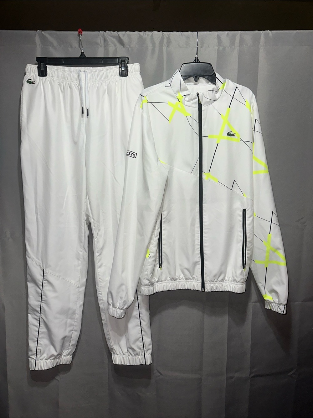 Lacoste White Track Suit Jacket & Pants Set with Neon Yellow Accents